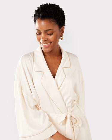 Satin Lace Trim Robe Dressing Gown - Ivory